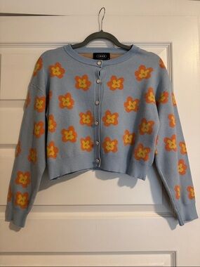 Cider Light Blue Floral Cropped Button Cardigan